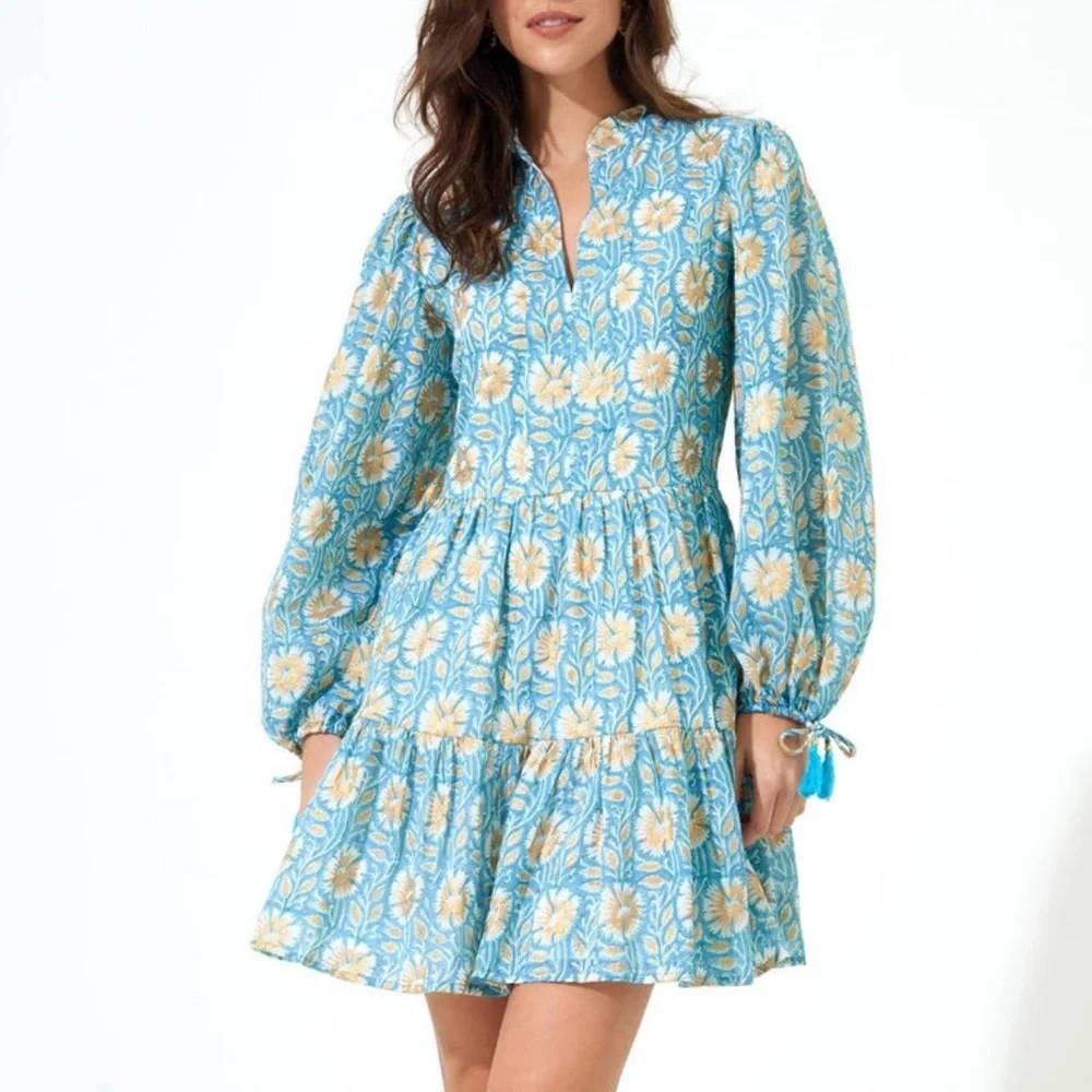 NWOT Oliphant Long Sleeve Yoke Mini Dress in Haveli Blue Bell MEDIUM
